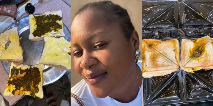 Reactions as Nigerian lady makes toasted bread using vegetable soup instead of eggs